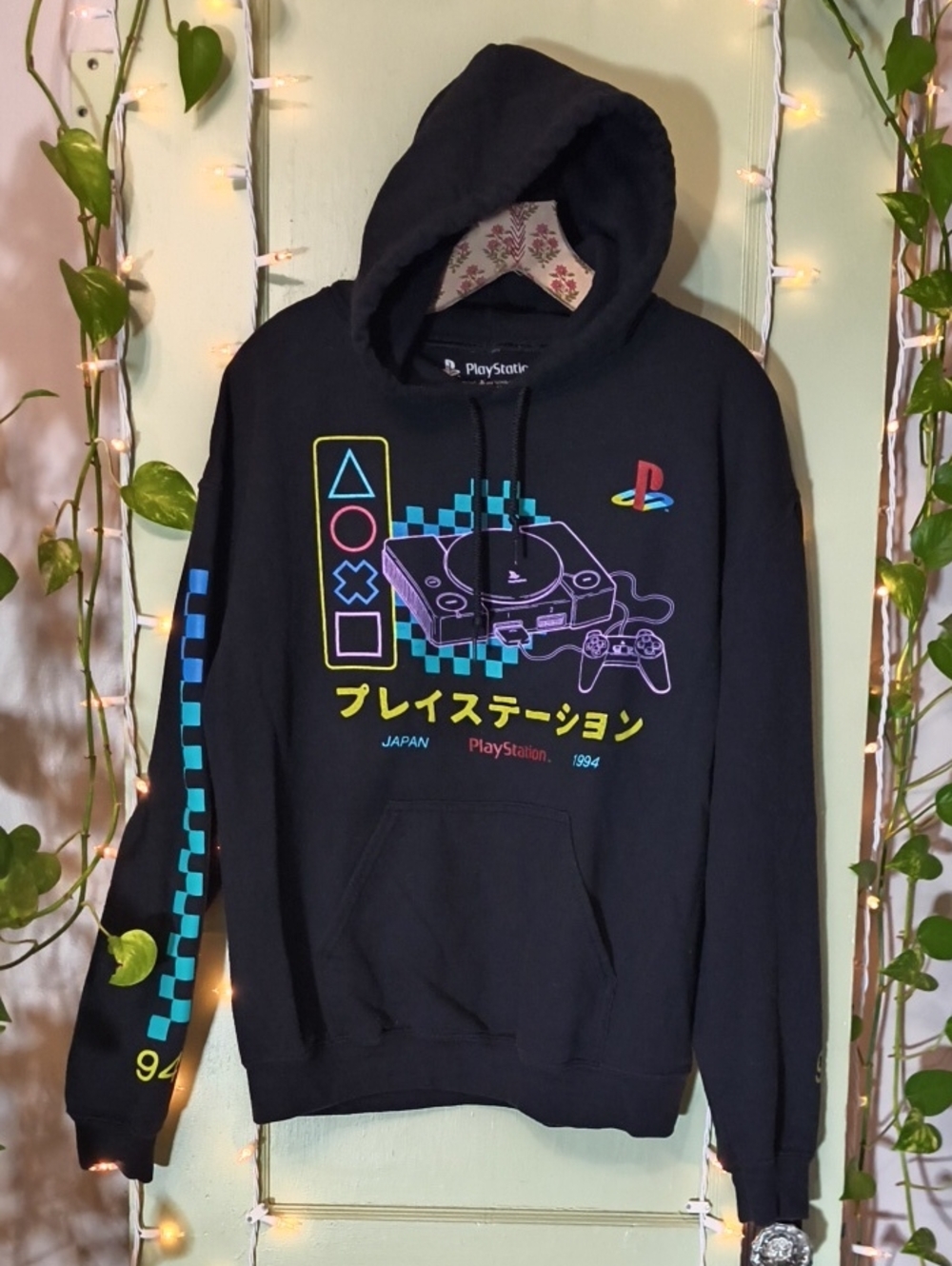 Women's PlayStation Black Aqua Checker Sleeve Console Japan 1994 M - Picture 9 of 10